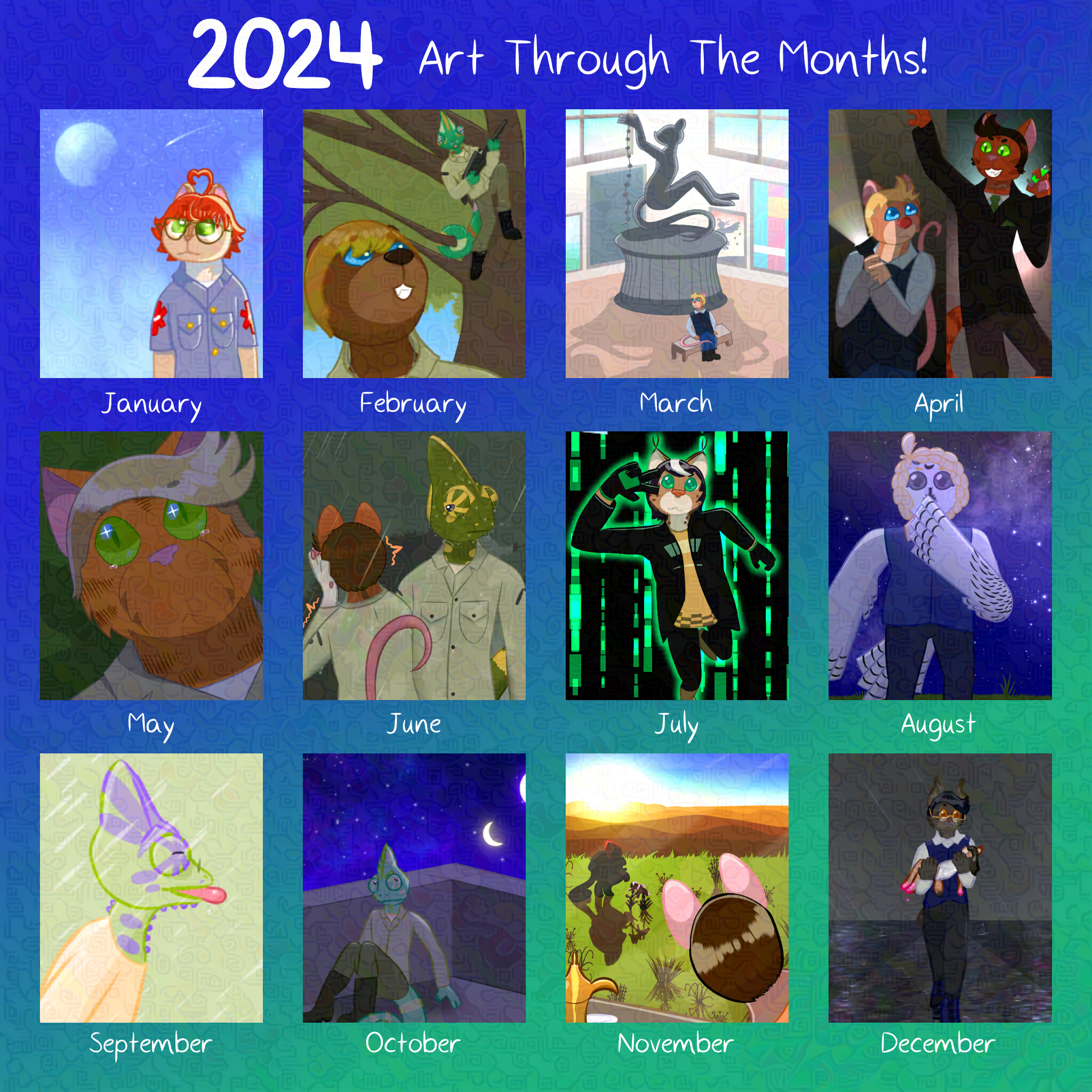 The image has a blue and green gradient background and text at the top reads '2024 Art Through the Months!' Twelve images, captioned with the months, are below, each featuring at least one of Ivy's characters. January's image shows SC Tejada, a red-haired chipmunk, looking up at the sky, which has a moon, stars, and a shooting star. February's image has Phil Ástatos, a brown bear, looking up at Leon Verdier, a chameleon, who is in a tree and holding a rifle. March's image has Justin Cepoli, a mouse, sitting on a bench at the base of a stylized mouse statue in a brightly-lit museum room. April's image shows Justin Cepoli holding a flashlight while looking around the corner at Gore Feles, a reddish-orange tabby cat, who is holding a syringe of green liquid. May's image shows Beau Tusoriano, an orange tabby cat, staring up towards the camera with fearful tears in his eyes. June's shows Michel Dupuy, depicted here as a mouse, facing away from the camera and laughing into his hands while Leon Verdier stands dripping in the rain, unamused. July's image shows Nikola DeLuna, depicted here as a lynx, posing in front of a black and green cyber-inspired background. August's image shows Tartya Hootilville, a snowy owl, staring down at something below her in shock with a wing to her mouth, against a night sky. September's image shows Leon Verdier happily sticking his tongue out in the rain against a pale green solid background. October's image shows Leon Verdier sitting on the roof of a building at night with two moons behind him. November's image shows Michel Dupuy, a dormouse, looking out a window to see a silhouetted figure crouched among plants at sunset. December's image shows Lucius DeLuna, a lynx, carrying a bleeding Cybele DeLuna, a caracal, through a flooded street against a stormy sky, with the blood stylized as vivid pink.