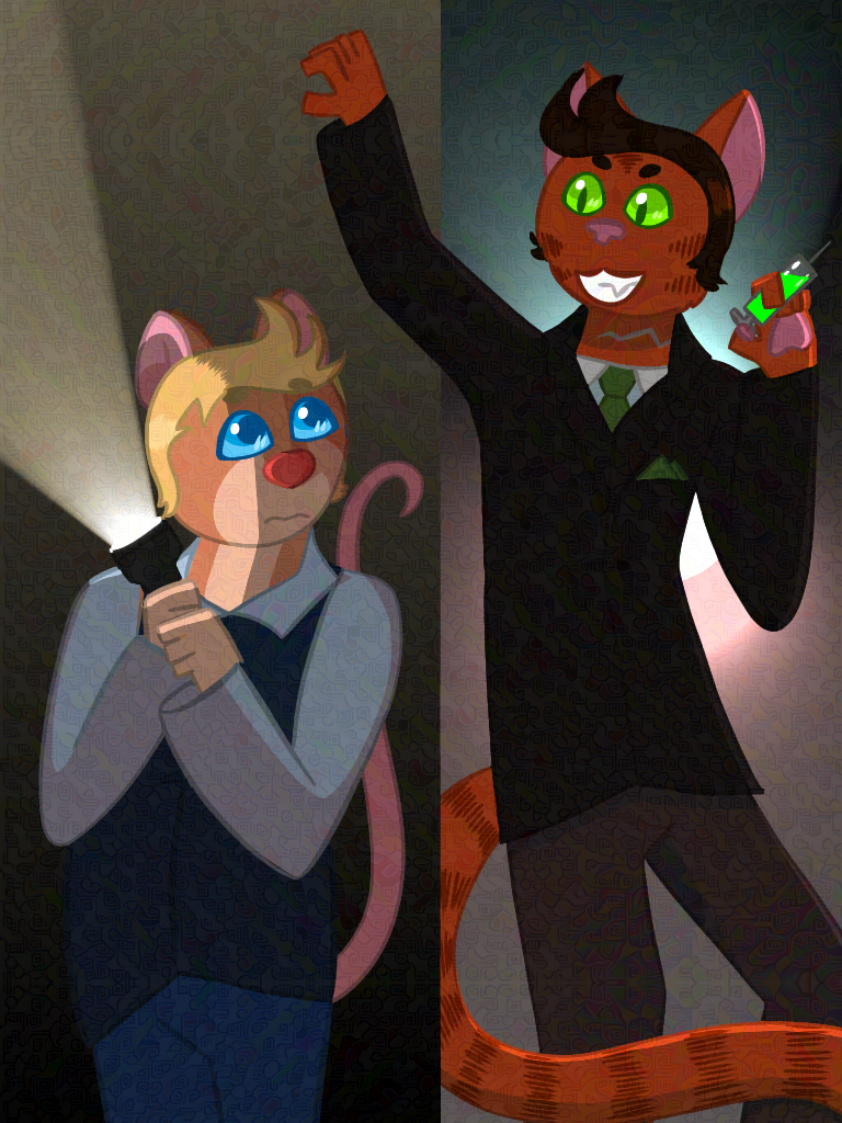 Justin Cepoli, a meadow jumping mouse, holds a flashlight while nervously looking around the corner at Gore Feles, a reddish-orange tabby cat, who is holding a syringe of green liquid. There are blue and red lights behind Gore, suggesting police lights.