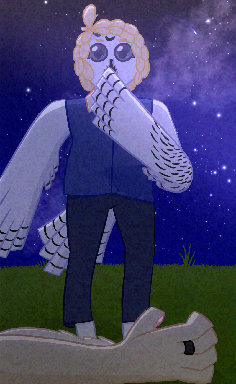 Tartya Hootilville, a snowy owl, stares down at the limp arm of Linda Skáli, a Siberian flying squirrel, in shock, with a wing to her mouth. The night sky background behind them has a galaxy in the background, as well as a meteor. Linda is wearing a black ace ring on her finger.