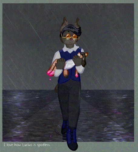 Lucius DeLuna, a lynx, is carrying a bleeding Cybele DeLuna, a caracal kitten, through a flooded street against a stormy sky, with the blood stylized as vivid pink. Despite the blood and dirt on Cybele and in the water, Lucius is spotless. Small white text at the bottom reads, 'I love how Lucius is spotless.'