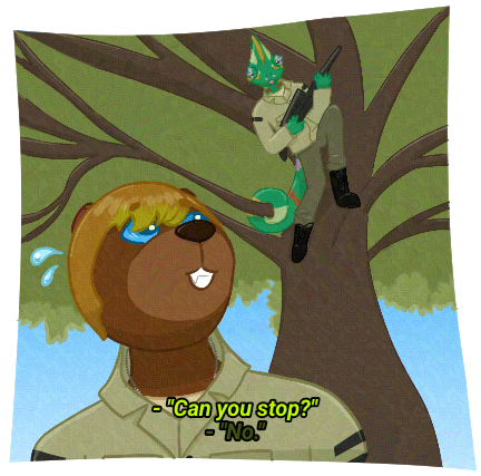 Phil Astatos, a brown bear, sweats while looking up at Leon Verdier, a veiled chameleon, who is in a tree and holding a rifle. Subtitles indicate that Phil asks Leon, 'Can you stop?', to which Leon replies, 'No.'