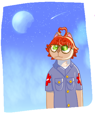 SC Tejada, a red-haired eastern chipmunk, looks up at the sky, which has a moon, stars, and a shooting star. It is daytime, and the moon is partially faded into the colour of the sky.