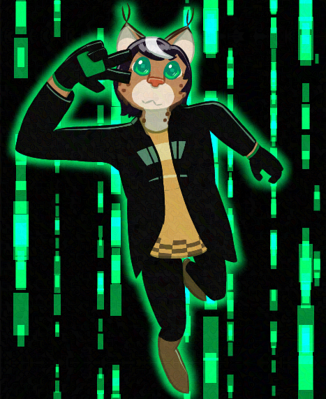 Nikola DeLuna, depicted here as a lynx, poses in front of a black and green cyber-inspired background. They have one hand up to their face, forming a 'V' shape in front of their right eye.