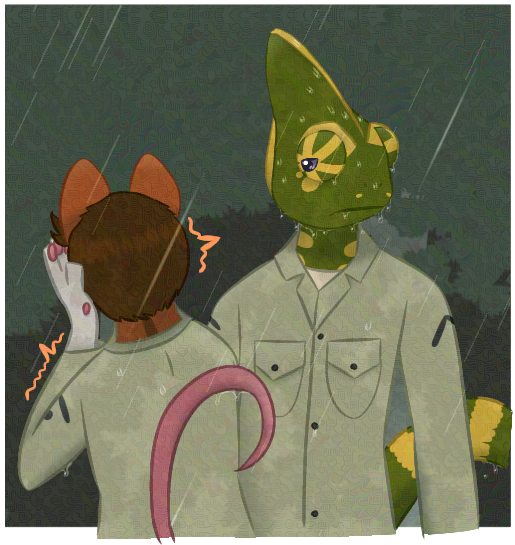 Michel Dupuy, depicted here as a striped field mouse, facing away from the camera and laughing into his hands while Leon Verdier, a veiled chameleon, stands dripping in the rain, unamused. Both of them are underneath a canopy of leaves.