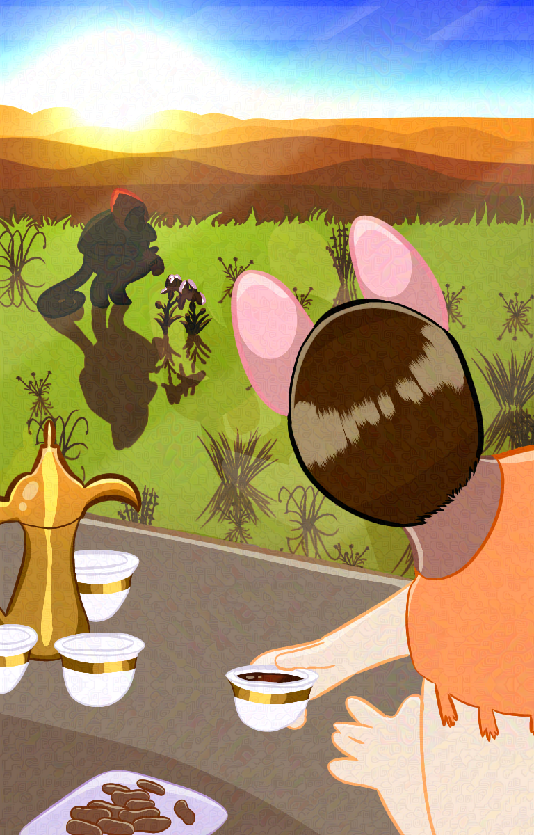 Michel Dupuy, a garden dormouse, looks out the window to see a silhouetted figure crouched among plants at sunset. Michel sits at a table with a cup of coffee, an Arabic coffee pot called a 'dallah', three more empty cups, and a shallow purple dish filled with dried dates. The figure outside is crouched in front of two white irises, taking notes in a spiral-bound book. The two are in an arid area.