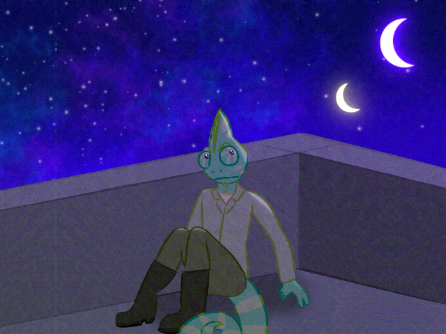 Leon Verdier, a veiled chameleon, sits on the roof of a building at night with two moons behind him. One of the moons, the smaller one, is yellow, while the larger one is purple.