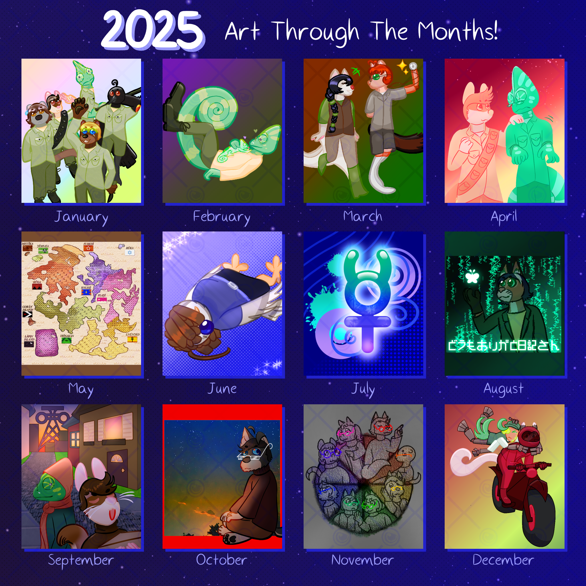 The image has a blue starry background, and text at the top reads '2025 Art Through the Months!' Twelve digital art drawings, captioned with the months, are below, each featuring at least one of Ivy's anthropomorphic characters. January's drawing has bear Phil Astatos, blackbird Phoenix Agnelli, wombat Xavier Womack, dormouse Michel Dupuy, and chameleon Léon Verdier standing in a group. February's drawing has Léon with his daughter Aisha. March's drawing has Linda Sukaalii and SC Tejada talking while walking side by side. April's drawing has Michel Dupuy putting a hand on Léon Verdier and surprising him. May's drawing is a map of Mapicca. June's drawing is Ivy's own avatar lying on her back. July's drawing is a frutiger-inspired Mercury symbol. August's drawing has caracal Nikola deLuna standing in a green cyber background with a glowing butterfly symbol. September's drawing has Michel Dupuy and Léon Verdier walking down a street at sunset. October's drawing has dog Win Filcrow sitting in the corner of a box. November's drawing is a colour wheel focusing on characters' glasses. December's drawing has opossum Wendy del Fidi riding a motorcycle and spurge Egbert Cyathis holding on for dear life.