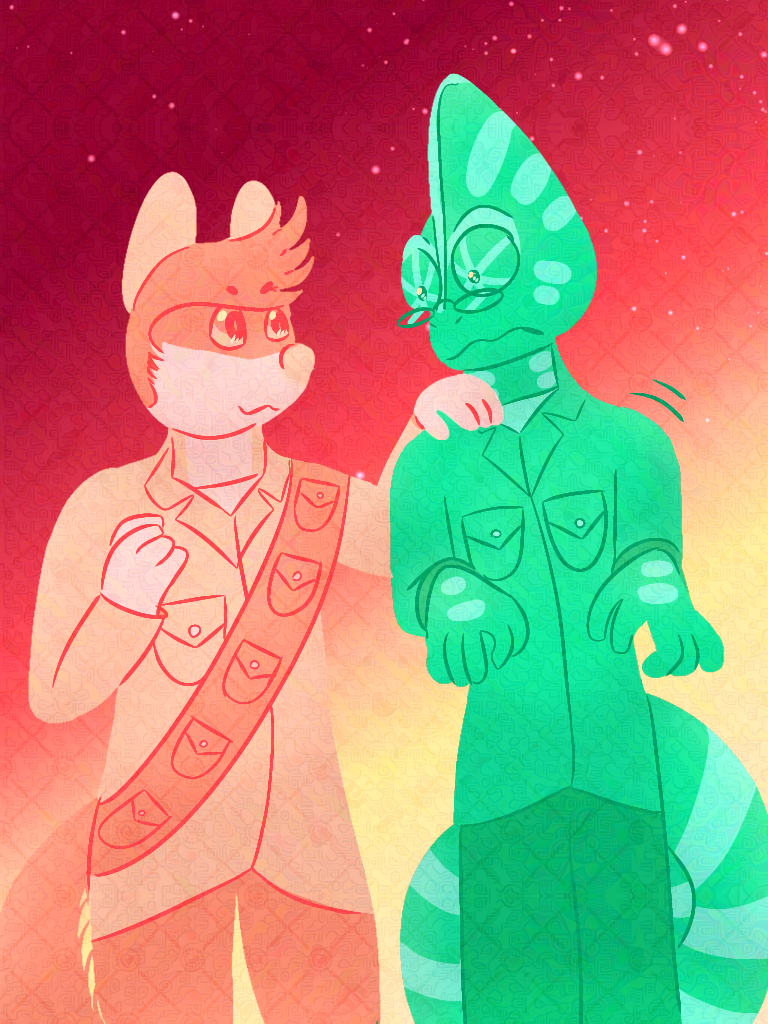 A digital art piece with Michel Dupuy, an anthropomorphic dormouse, laying a hand on the shoulder of Léon Verdier, an anthropomorphic chameleon. Léon flinches and looked startledly at Michel's hand. Everything is in a shade of red or orange except for Léon, who is coloured green.