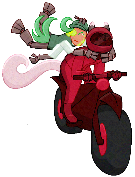 A digital art drawing of Wendy del Fidi, an anthropomorphic opossum, riding a red motorcycle while in a red racing jumpsuit and helmet. Clinging for dear life to her neck is Egbert Cyathis, a humanoid anthropomorphic wood spurge plant.