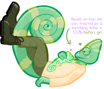 A digital art drawing of Léon Verdier, an anthropomorphic chameleon, curled as though pressed into a corner. His less-anthropomorphic-looking daughter Aisha lies on his chest with a happy expression, and Léon holds her. Two hearts, one pink and one green, float above their heads. Text beside Léon pointing to the drawing reads, 'Based on how she was treated as a hatchling, Aisha is 100% baba's girl.'