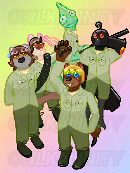 A digital art drawing of five anthropomorphic characters against a gradient background. Phil Astatos, a brown bear, stands at the front and waves while smiling. Xavier Womack, a wombat, is behind him and to the left, looking blankly towards the camera. Michel Dupuy, a dormouse, is behind Xavier and saluting with two fingers on the wrong hand. Léon Verdier, a chameleon, is behind Michel and holding a rifle, looking towards the camera with his head tilted and frowning slightly. Finally, to Léon's right is Phoenix Agnelli, a blackbird, holding one wing behind his head.