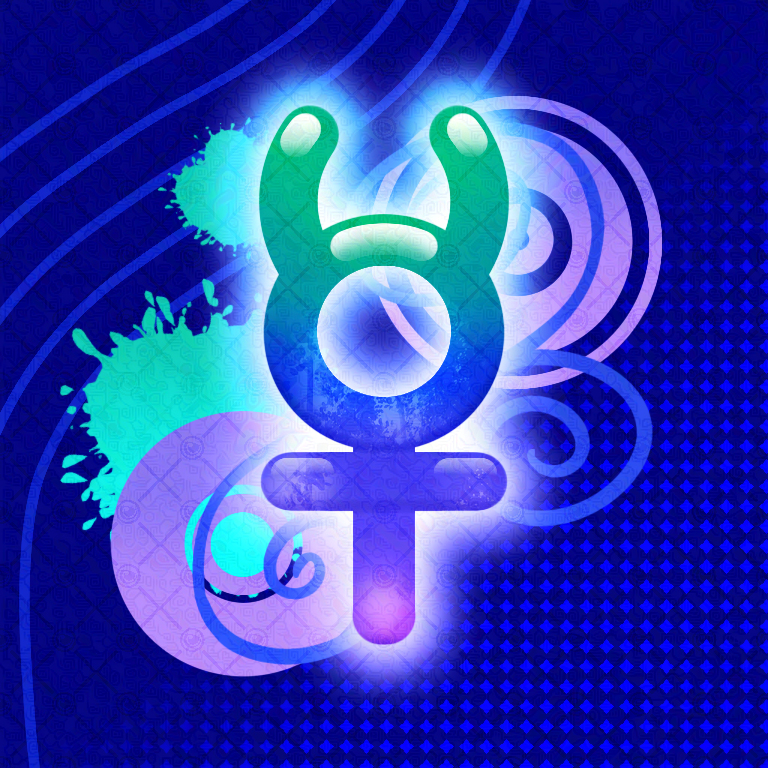 A digital art drawing of a symbol for the planet Mercury, with a background inspired by the Frutiger Aero and Frutiger Metro aesthetics. The image is primarily blue, with teal and purple accents. The Mercury symbol itself has a faint image of leaves contained inside it.