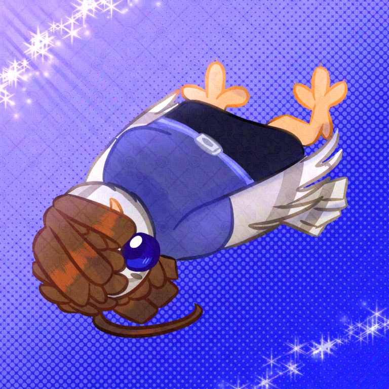 A digital art drawing of Ivy Ibu, an anthropomorphic barred owl, lying flat on her back with her hair over her face. One of their eyes is peeking out. The background has a screen tone pattern and fades from light blue to darker blue, along with some sparkles.