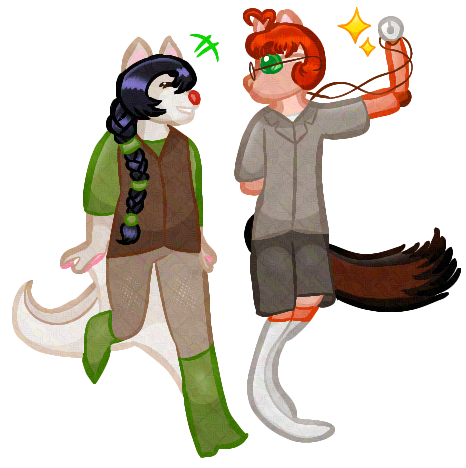 A digital art drawing of Linda Sukaalii, an anthropomorphic flying squirrel, and SC Tejada, an anthropomorphic chipmunk, walking side by side. Linda is laughing at something SC has said, while SC raises his prosthetic arm.