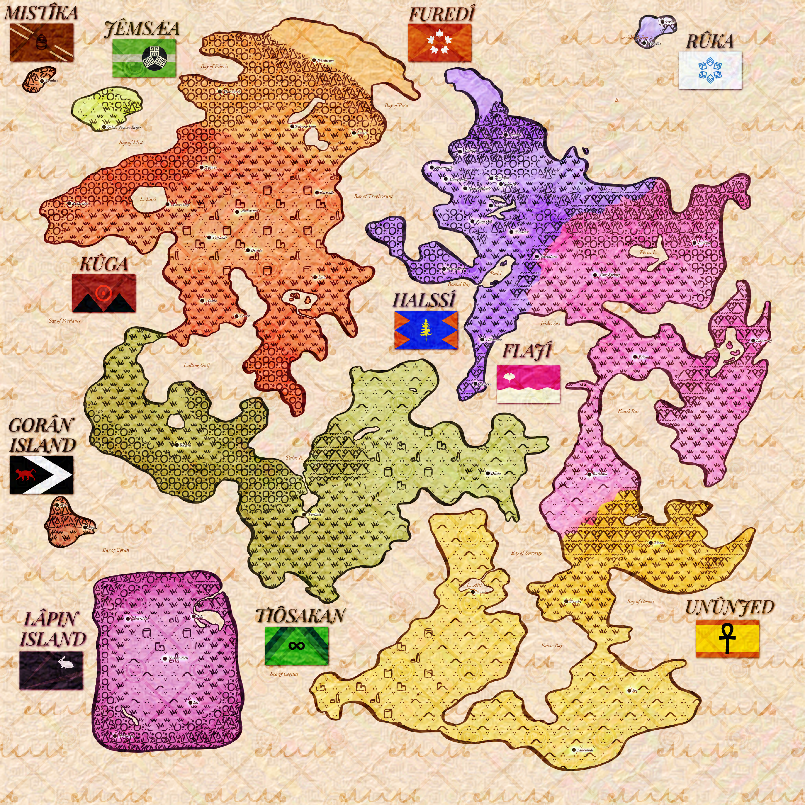 A highly detailed digital art piece showing Mapicca's landmasses. In the top right are Jemsæa and Mistiika, in the bottom left is Goraan Island and Lapin Island, and in the top right is Ruka, all islands. Te mainlands, from the top left counter-clockwise, are Furedii, Kuga, Tiihosakaan, Ununjed, Folaajii, and Halusii. Each area's flags are below their names.