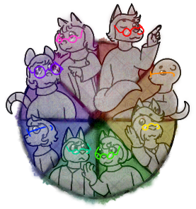 A digital art drawing of a colour wheel focusing on the colour of characters' glasses. From top, going counterclockwise, is anthropomorphic fox Sam Lagounov as red, anthropomorphic shrew Mysari as orange, anthropomorphic dog Roman Filcrow as yellow, other anthropomorphic cat Tori Mewoki as green, anthropomorphic cat Amanda Niceabell as teal, anthropomorphic chipmunk Bash Smokey as blue, anthropomorphic mouse Melissa as purple, and other anthropomorphic chipmunk Chelsea as pink. Every character is greyscale except for their glasses.
