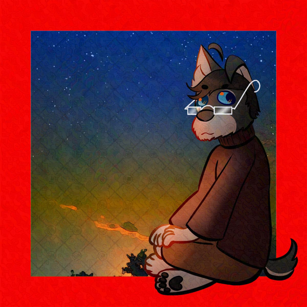 A digital art drawing of Winchester Filcrow, an anthropomorphic dog, sitting in the corner of a box with a heavy red outline. Inside the box is a filtered-over real sunset image.