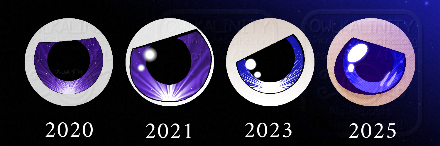 A digital art illustration of the Owlkalinity icon over the years against a black and blue gradient background. There are four icons, all of an angry eye. The first, from 2020, has a white background, a purple eye with no highlights and a bright burst behind the pupil. The second, from 2021, is similar, but with highlights and a thicker top edge. The third, from 2023, is sharper, with a more blue iris and a very pale tan background. The last one is from 2025, with the eye facing the opposite direction, a blue outline and pupil, a very faint bright burst, an additional two-line highlight in the other corner, and a tan background.