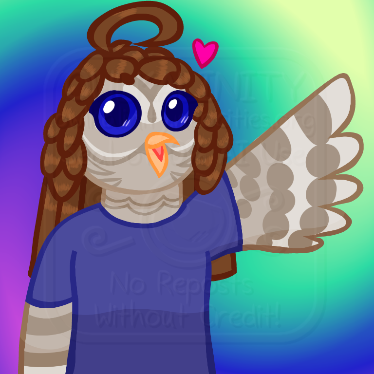 Digital art drawing of an anthropomorphic barred owl character, Ivy's personal avatar. She has a variety of facial markings, as well as an orange beak. They have brown feathers acting as hair, with a large halo-like cowlick. She have dark blue eyes. They are wearing a purple shirt and have a heart floating above their head. The background is a swirled mix of light green, teal, dark blue, and pink.